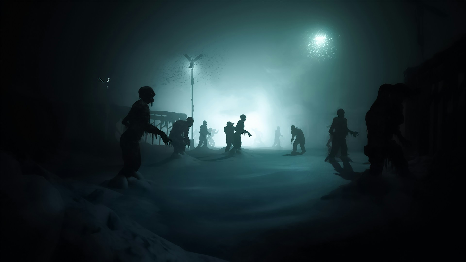 In a foggy, dimly lit scene with a greenish hue, silhouettes of eerie figures appear as if emerging from the depths of consciousness, resembling a post-apocalyptic setting.