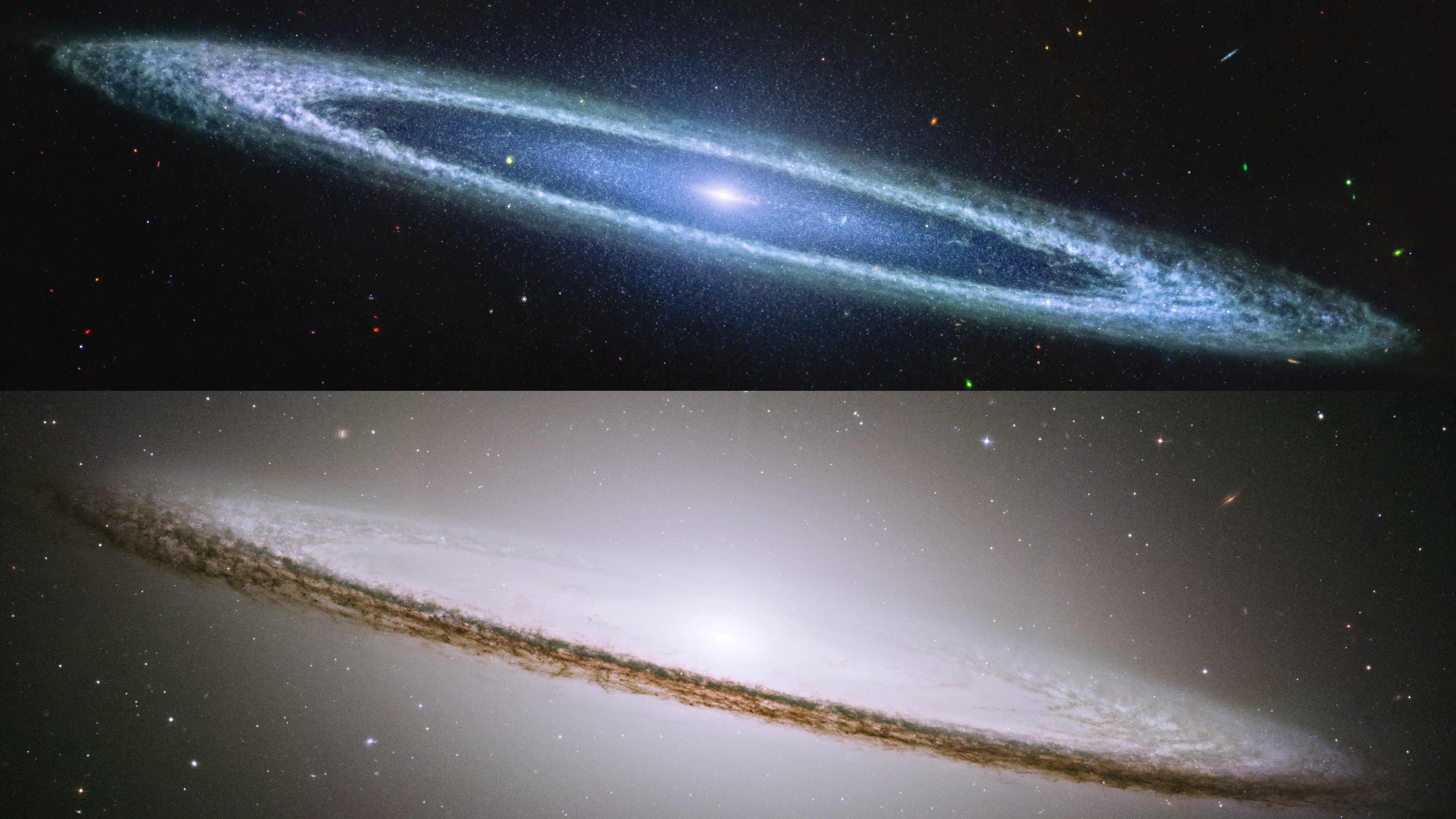 Two images of the Sombrero Galaxy viewed edge-on. The top image, captured by JWST, shows a glowing blue center, while the bottom reveals a bright core with dust lanes.