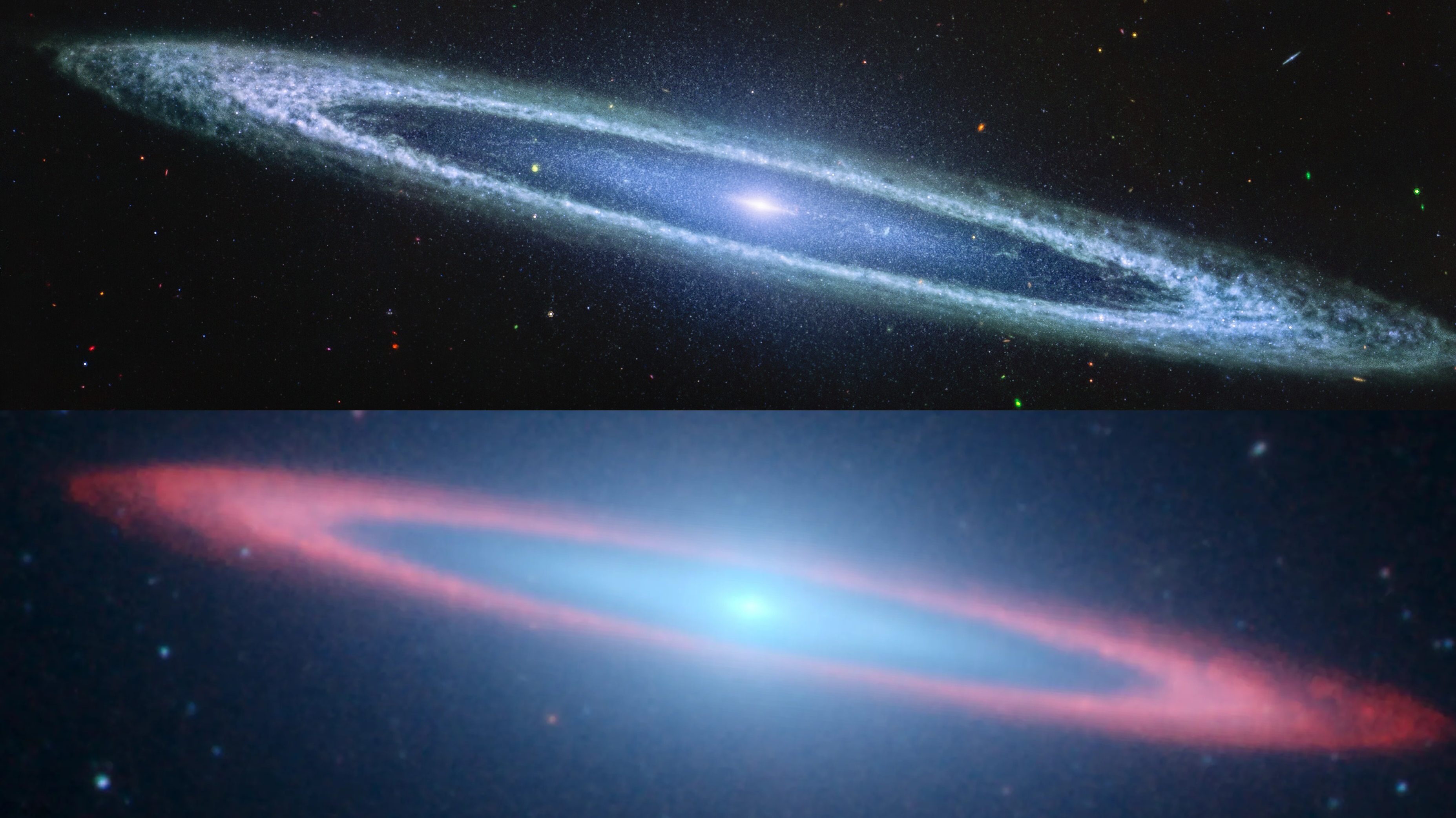 Two images of the Sombrero Galaxy reveal its beauty: one with a bluish hue showcasing visible details, and the other with a reddish hue highlighting a different spectrum. Captured by JWST, these images offer an unmatched view of this spiral galaxy's complex structure.