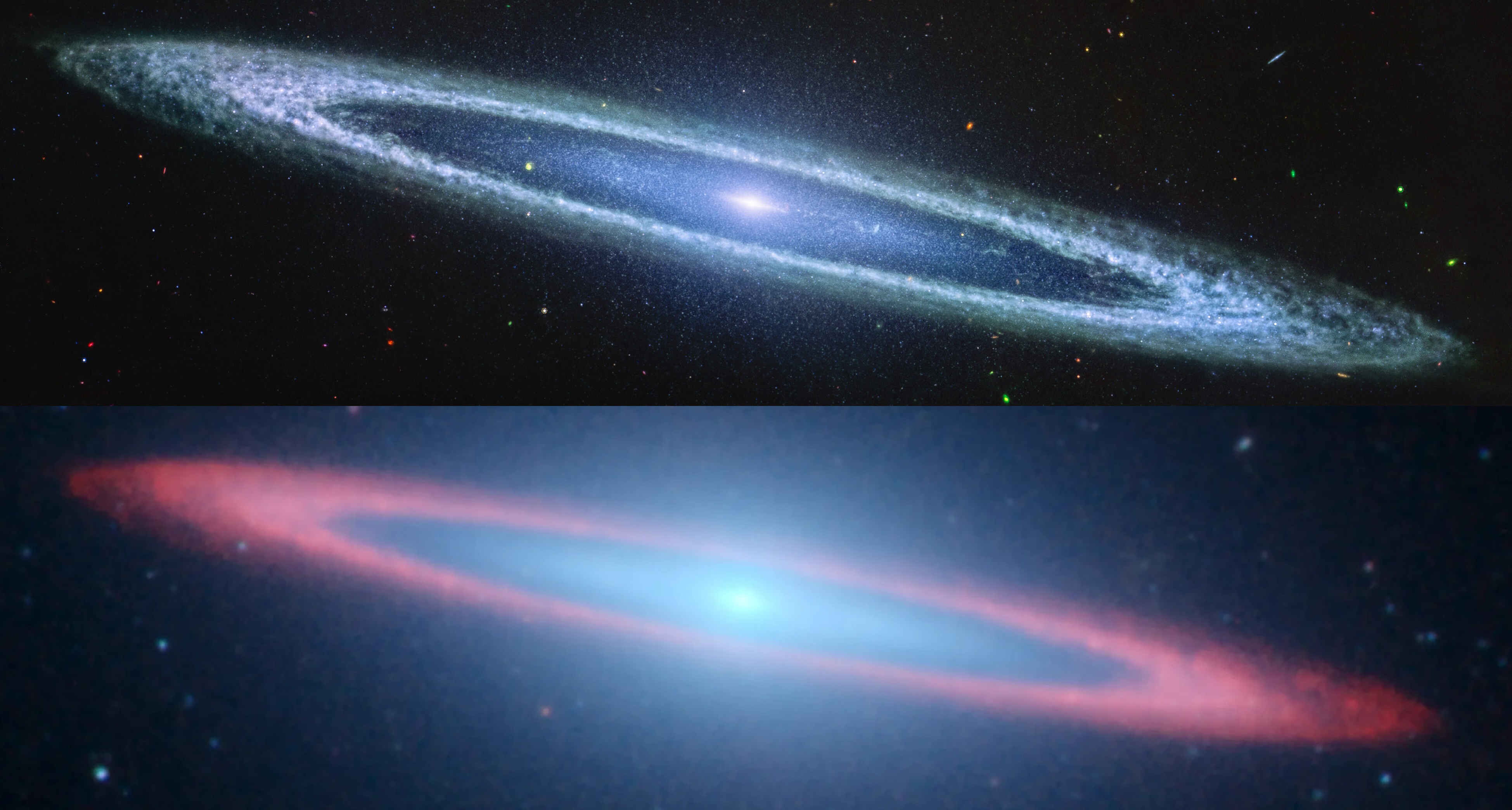 Two images of the Sombrero Galaxy reveal its beauty: one with a bluish hue showcasing visible details, and the other with a reddish hue highlighting a different spectrum. Captured by JWST, these images offer an unmatched view of this spiral galaxy's complex structure.