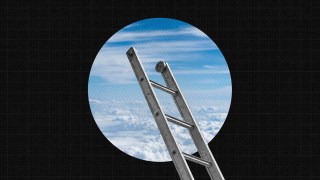 A metal ladder of misinference stretches into a round sky view, its rungs disappearing among the clouds against a dark backdrop.