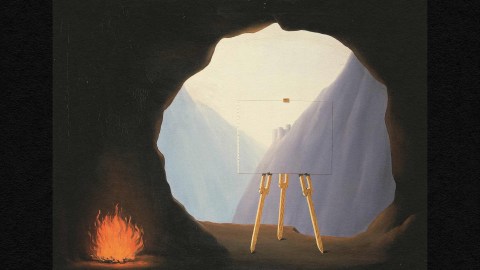 A painting on an easel at the entrance of Plato's cave overlooks misty mountains, with a small fire flickering nearby.