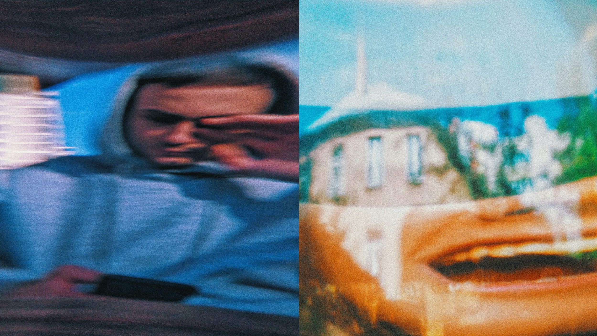 Blurred split image: left depicts a person in a hoodie with their hand raised, capturing shifting moods; right features an abstract view with part of a face and a building overlay.