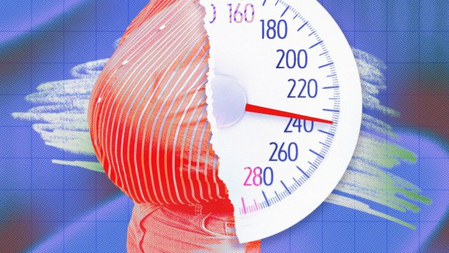 Illustration of a partially hidden scale showing a weight of 240 pounds, with the other half depicting a person in a striped shirt against a blue grid background.