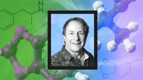 Portrait of a smiling man in front of a background featuring chemical structures and molecular models in green and blue hues.