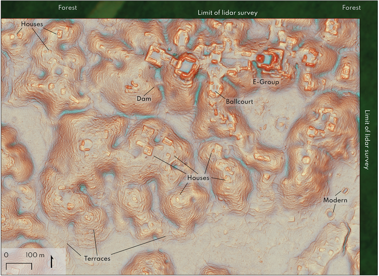 Topographic map highlighting ancient structures, labeled features include houses, a ballcourt, terraces, and a dam, surrounded by forest. Limit of lidar survey is marked. Scale provided.