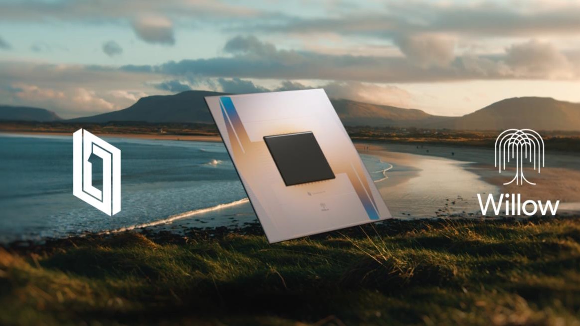 A computer chip, hinting at quantum computation with logos of two companies—one an abstract shape, the other a willow tree—shines against a scenic landscape of hills and water under a cloudy sky, inspiring visions of parallel universes.