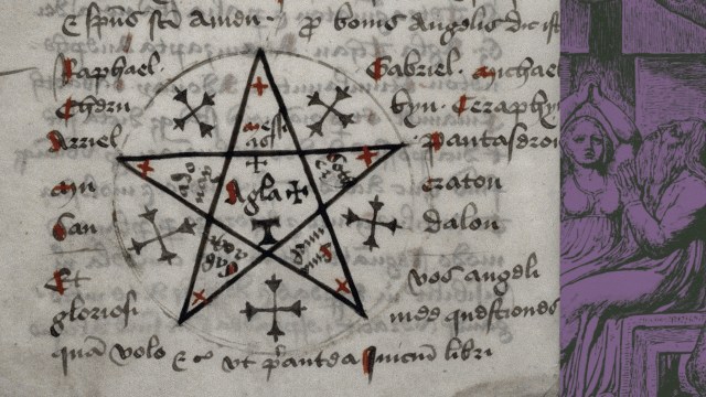 An ancient manuscript page featuring a large pentagram entwined with themes of necromancy, its red and black text evoking forbidden rituals. Surrounding it are mysterious symbols in various languages, while a faint illustration of a seated figure lingers on the right.