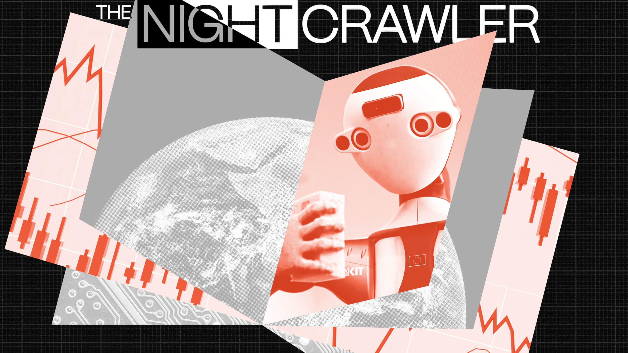 A superintelligent robot stands against a striking backdrop of red and gray financial graphs and a globe, with the text "The Nightcrawler" boldly emblazoned above.