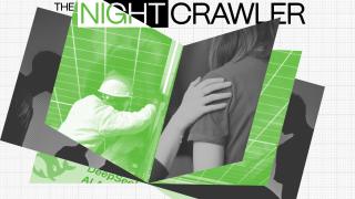 Collage featuring a construction worker, a person with a hand on their back, silhouettes, and the text "The Nightcrawler" in green and black, highlighting the power of in-person connection.