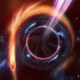 A supermassive black hole caught turning on reveals a mesmerizing cosmic dance, with bright streams of light and colorful gases swirling around it against a starry backdrop.