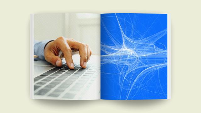 An open magazine displays a snapshot of AI efficiency: on the left page, a person types diligently on a laptop, while the right page showcases an abstract blue and white digital design, symbolizing the seamless integration of technology and human creativity.