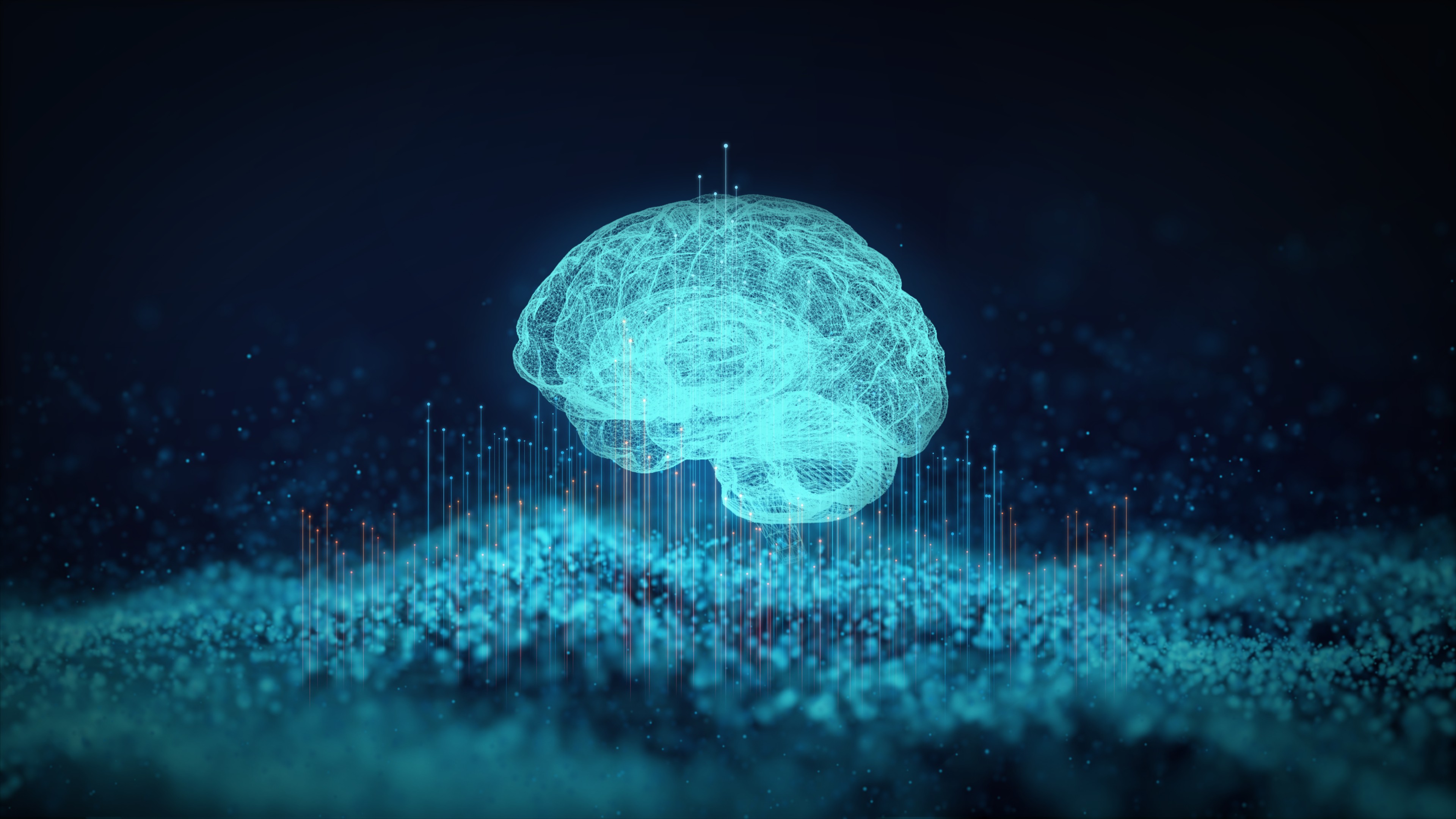 A digital rendering of a brain made with blue lines hovers over a field of glowing particles and bars, set against a dark background.