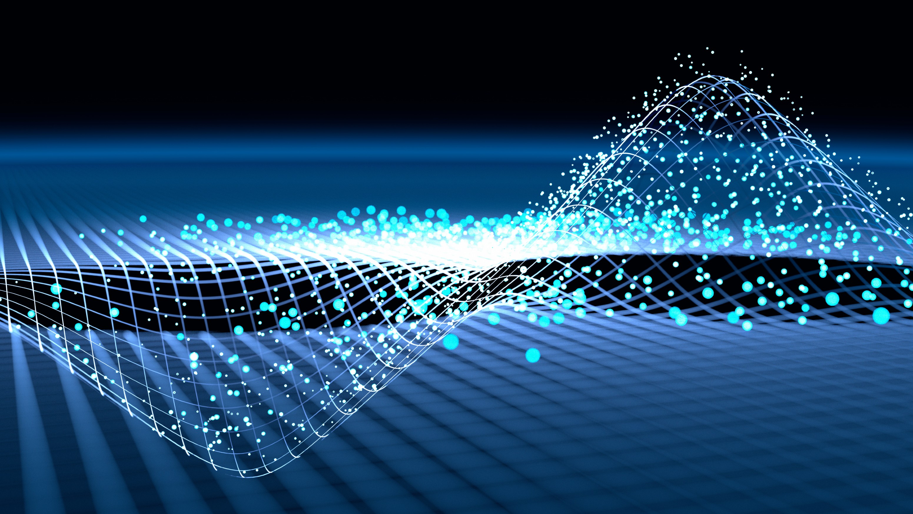 Abstract digital rendering of a blue wave pattern with glowing particles on a grid background.