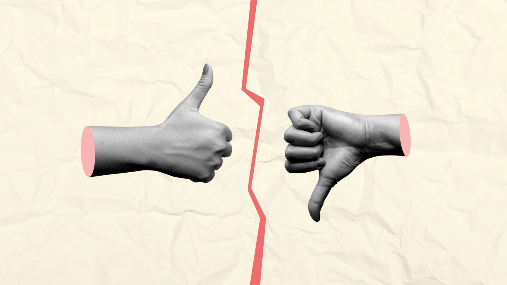 An illustration of a thumbs-up on the left and a thumbs-down on the right, divided by a jagged red line on a crumpled paper background.