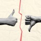 An illustration of a thumbs-up on the left and a thumbs-down on the right, divided by a jagged red line on a crumpled paper background.