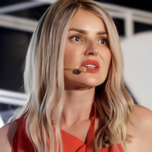 A woman with long blonde hair is speaking into a headset microphone, wearing a red top.