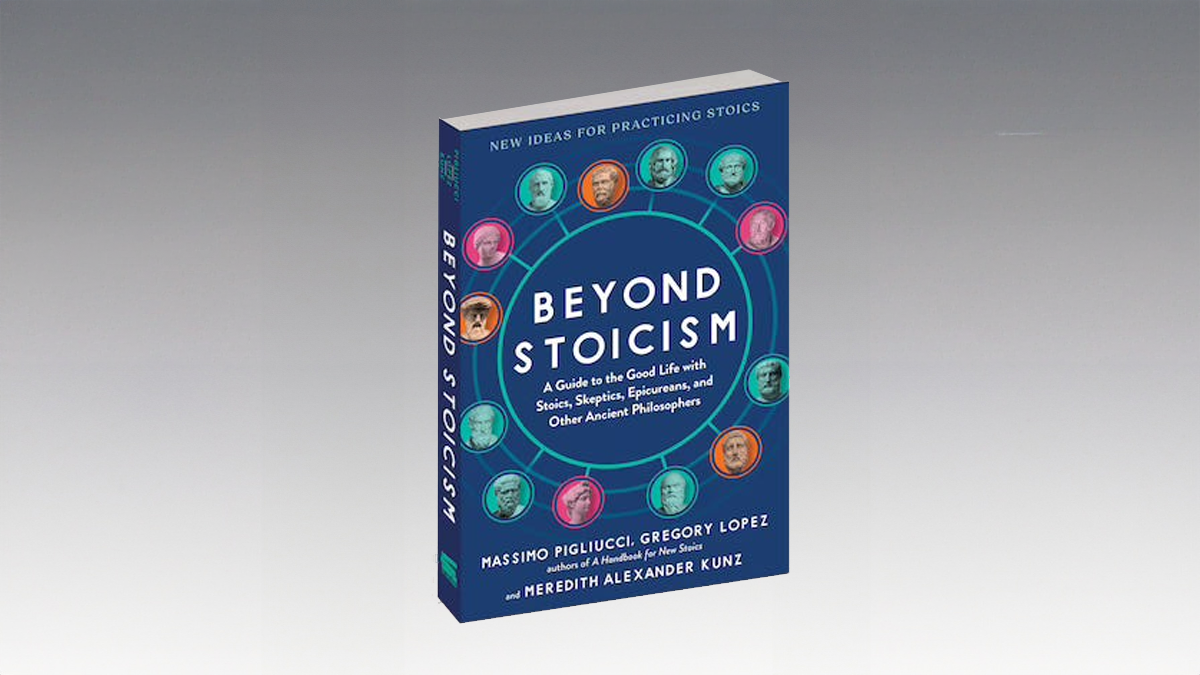 The cover of "Beyond Stoicism" by Pigliucci, Lopez, and Kunz masterfully blends historical philosopher portraits into a circular design, reflecting the depth and timeless relevance of stoicism.