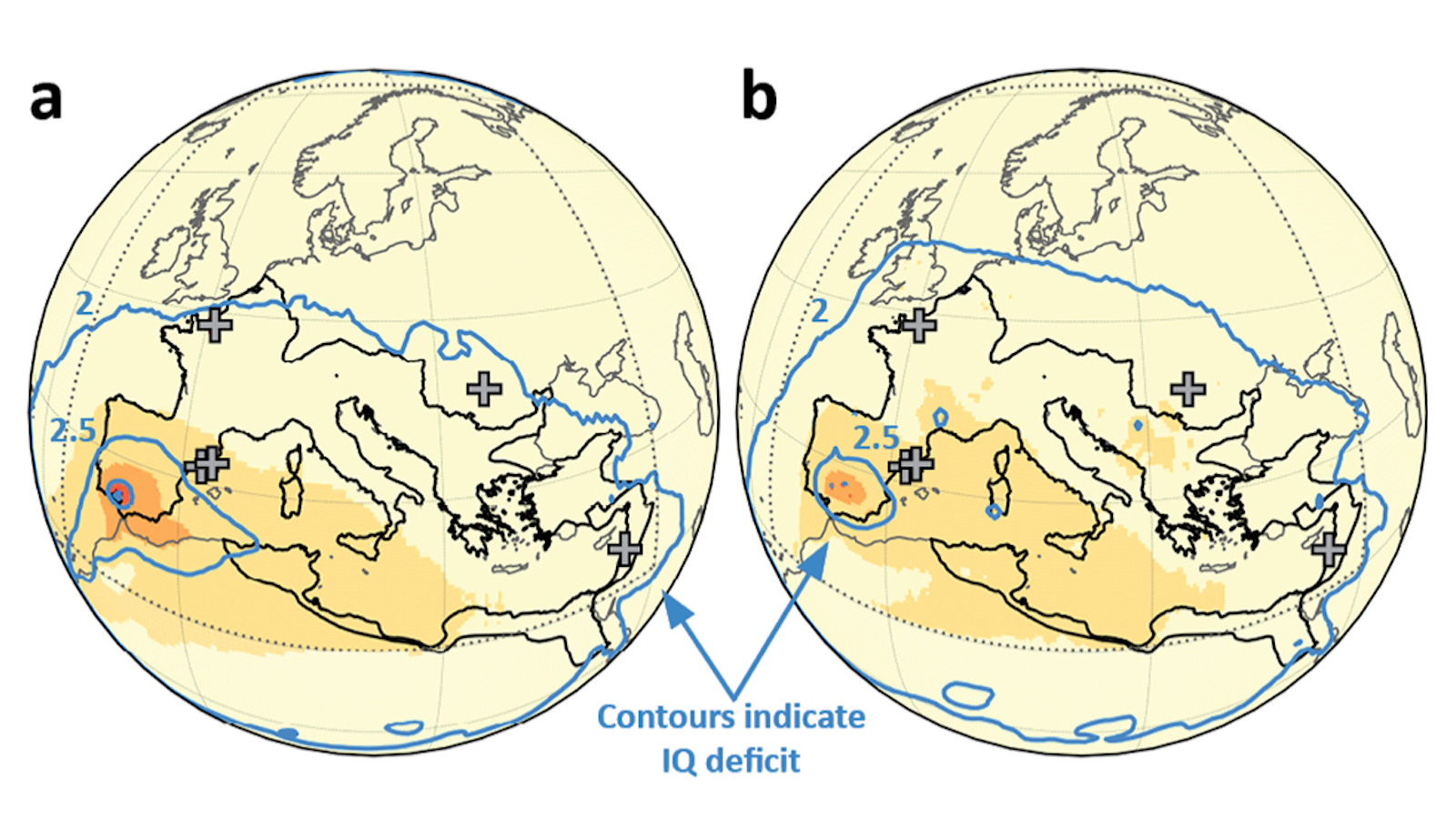 Map showing regions in Europe and North Africa. Two parts labeled 'a' and 'b' highlight areas with IQ deficit contours. Several crosses are marked on the map.