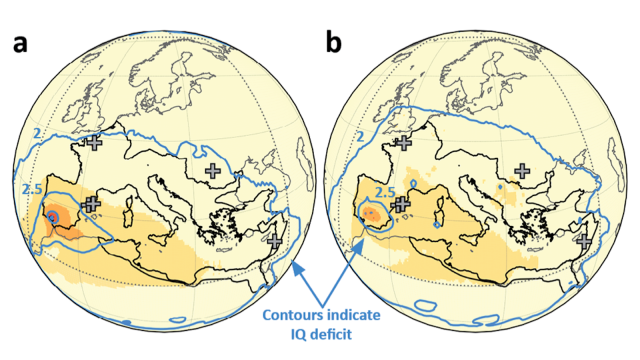 Map showing regions in Europe and North Africa. Two parts labeled 'a' and 'b' highlight areas with IQ deficit contours. Several crosses are marked on the map.