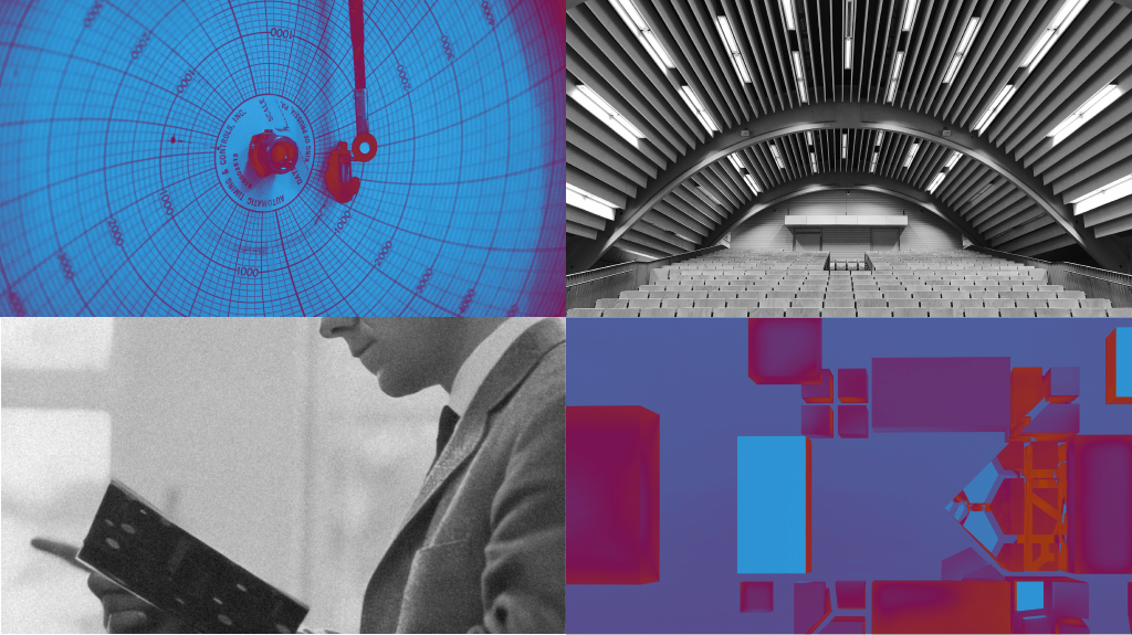 Four-panel image: a radar screen, an auditorium ceiling, a man reading a document, and abstract geometric shapes in various colors.