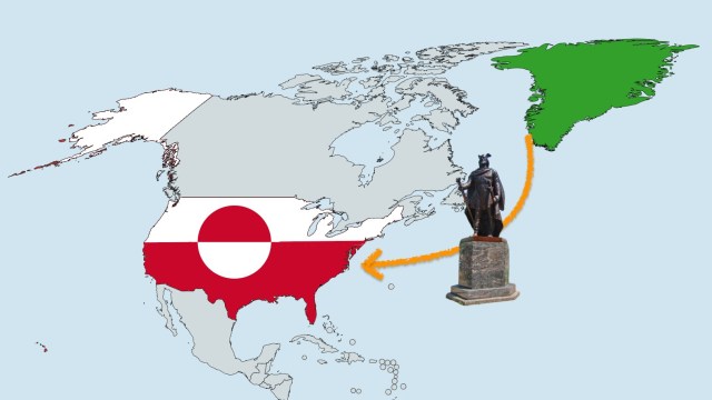 A map showing Greenland in green and the United States in red with a statue connected by arrows, indicating movement or relation between the two locations.