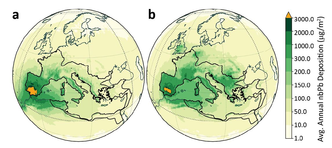 Two globes showing annual deposition of lead (Pb) in Europe and the Middle East. The map uses shades of green to orange, with a color scale on the right indicating deposition levels.