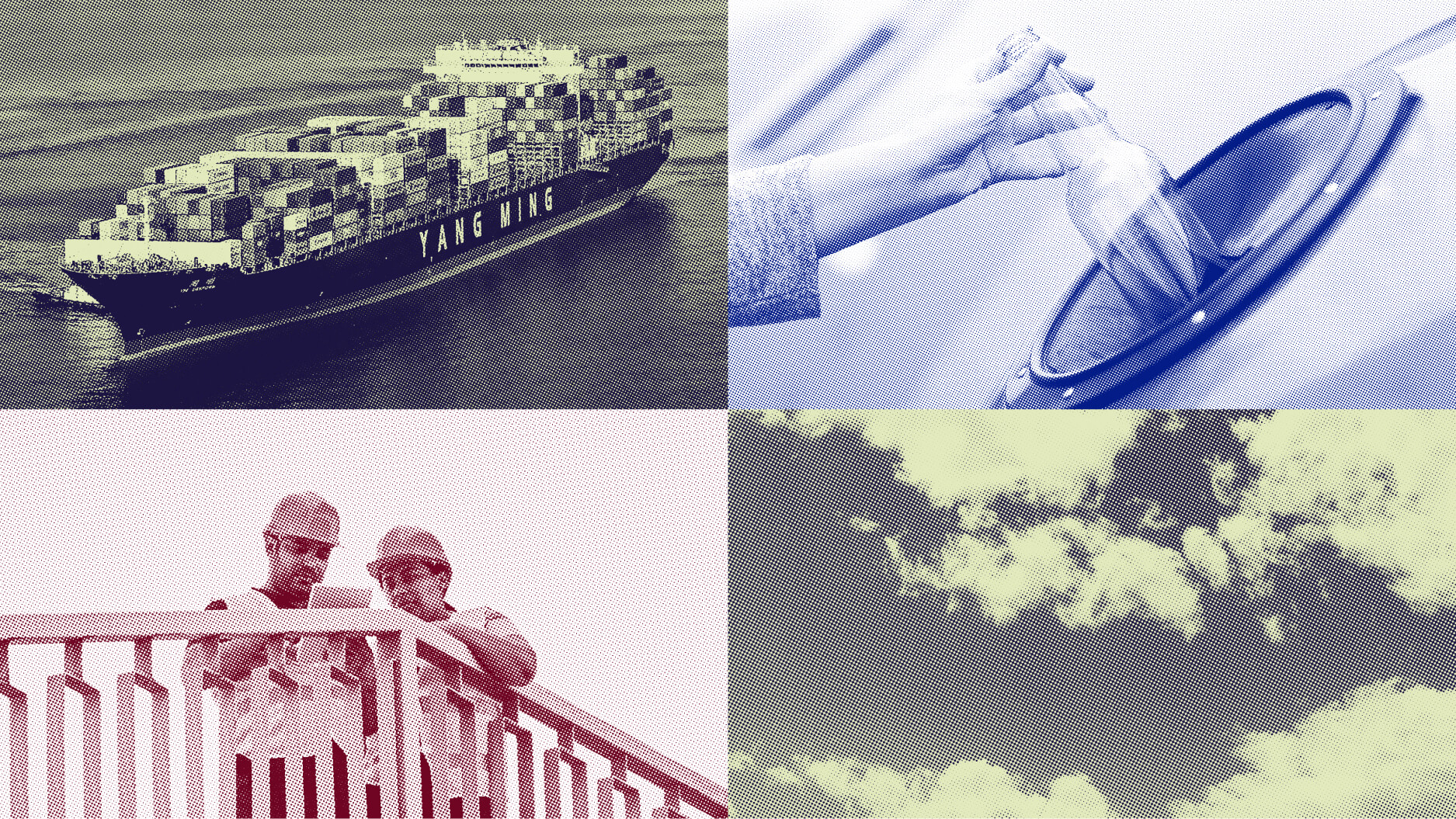 Collage depicting a cargo ship at sea, a hand recycling a bottle, two workers inspecting a blueprint under the framework of SURF, and clouds in the sky.