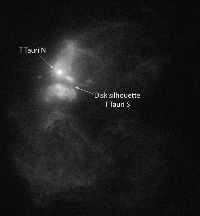 A black and white image captures the dimming T Tauri star system, highlighting labeled areas like T Tauri N, Disk silhouette, and T Tauri S set against a dark space background.