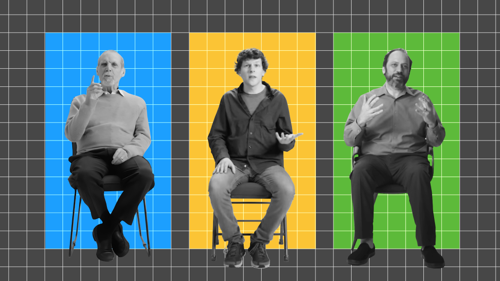 Three seated individuals against a grid background with blue, yellow, and green panels. Each person gestures with their hands while sitting.