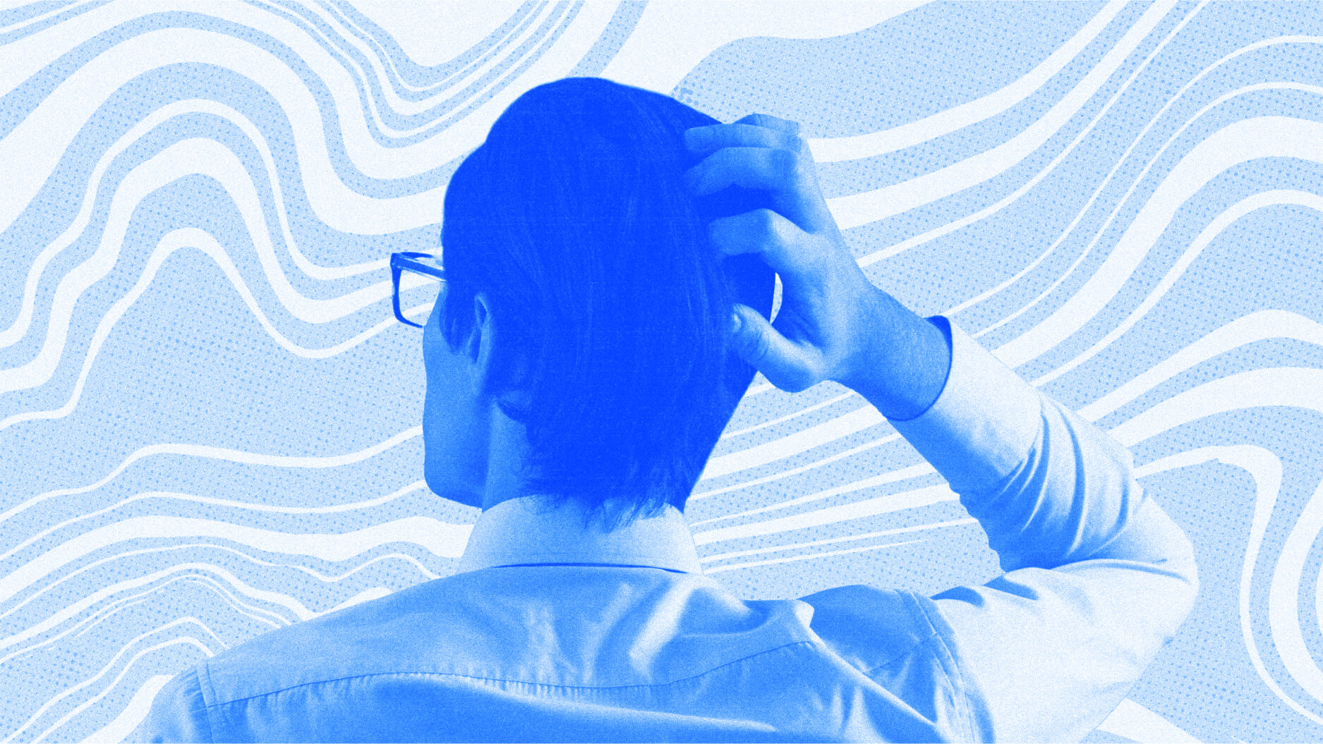 A person with glasses, viewed from behind, scratches their head thoughtfully as if pondering the complexities faced by accidental managers. The background is adorned with abstract blue and white wavy lines, adding a sense of fluidity to the scene.