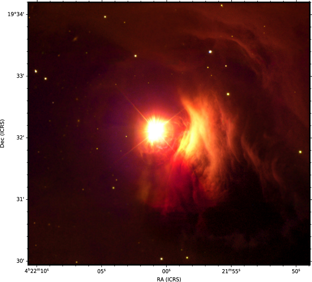 A bright star, possibly a dimming T Tauri, is enveloped by a swirling red and orange nebula, with smaller stars scattered in the background. Axes show coordinates labeled "RA (ICRS)" and "Dec (ICRS).