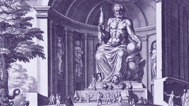 Engraving of a colossal statue of Zeus seated on a throne, holding a scepter, surrounded by columns and figures in a grand hall—a breathtaking homage to mythology.