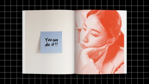 Open book on a grid background, left page with a blue sticky note saying "You can do it!!", while the right page features an orange-tinted photo of a woman resting her chin on her hand. Remember to be genuine and avoid carewashing in your motivations.