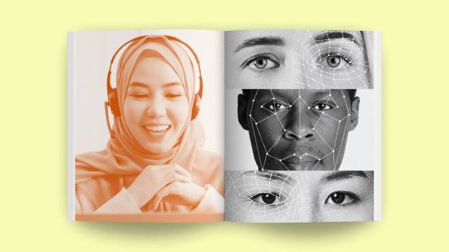 An open magazine reveals a woman wearing a hijab and headphones on one page, with de-bias technology illustrations mapping the faces of three individuals on the opposite page.