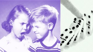 Two children displaying defiance as they make faces at each other on the left; a close-up of fingers holding dominoes on the right.