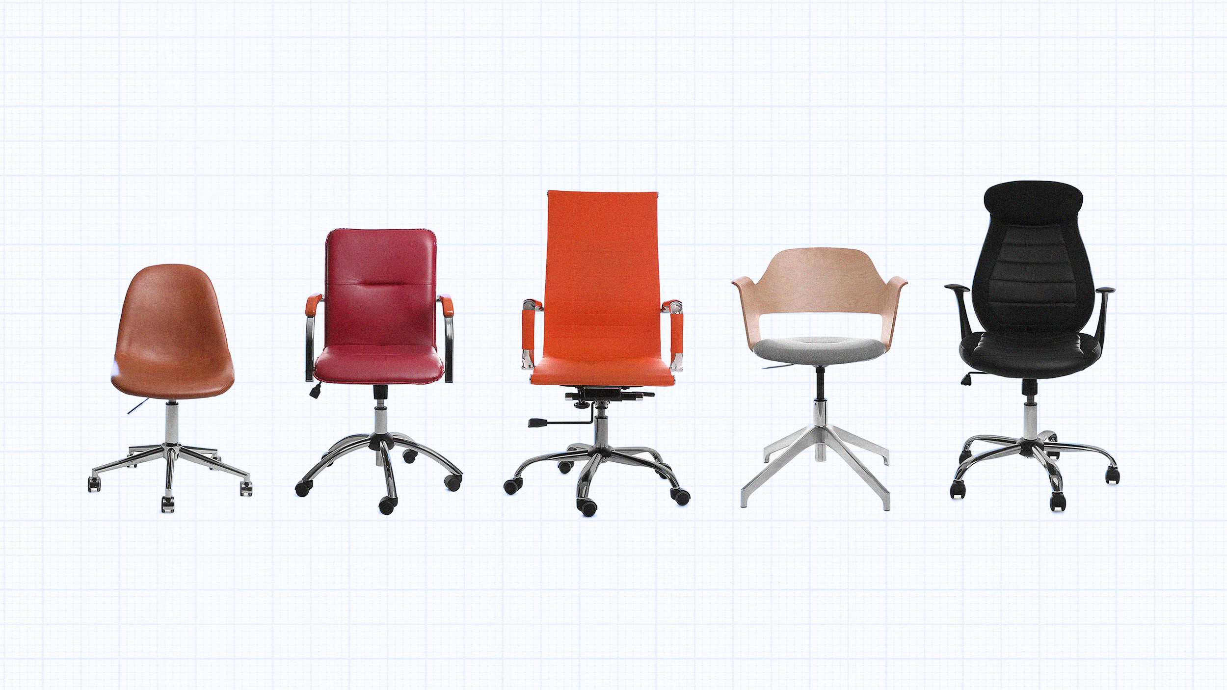 Five office chairs in different styles and colors are thoughtfully lined up against a plain background, celebrating neurodiversity by offering versatile seating options catering to diverse needs.