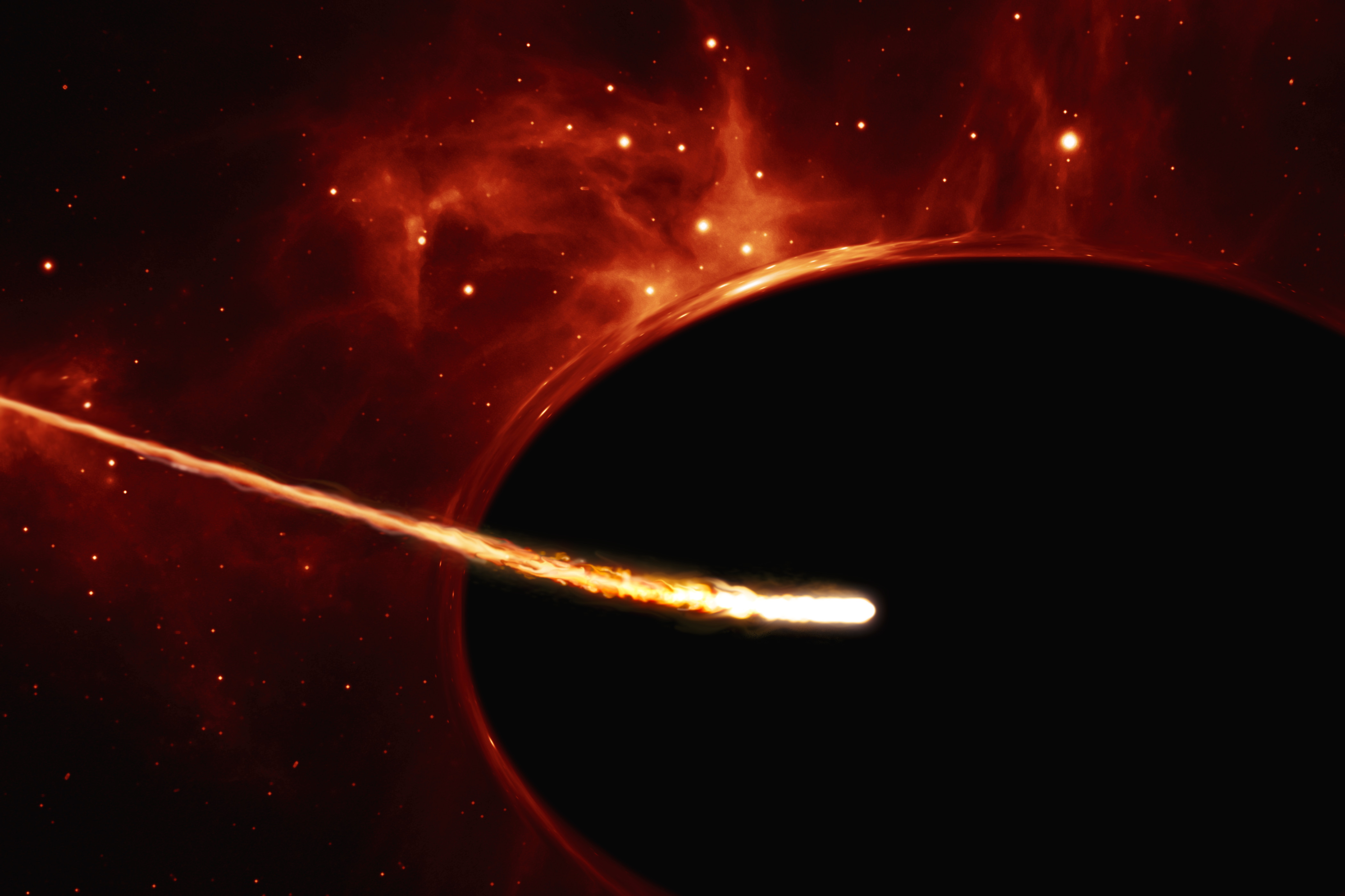 Illustration of a glowing object being sucked into a black hole against a backdrop of red nebulous gas and stars.