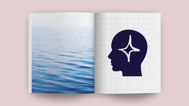 An open book reveals calm water on the left page, symbolizing serenity, while the right page showcases a silhouette of a head with a star inside, representing a well-being fix.