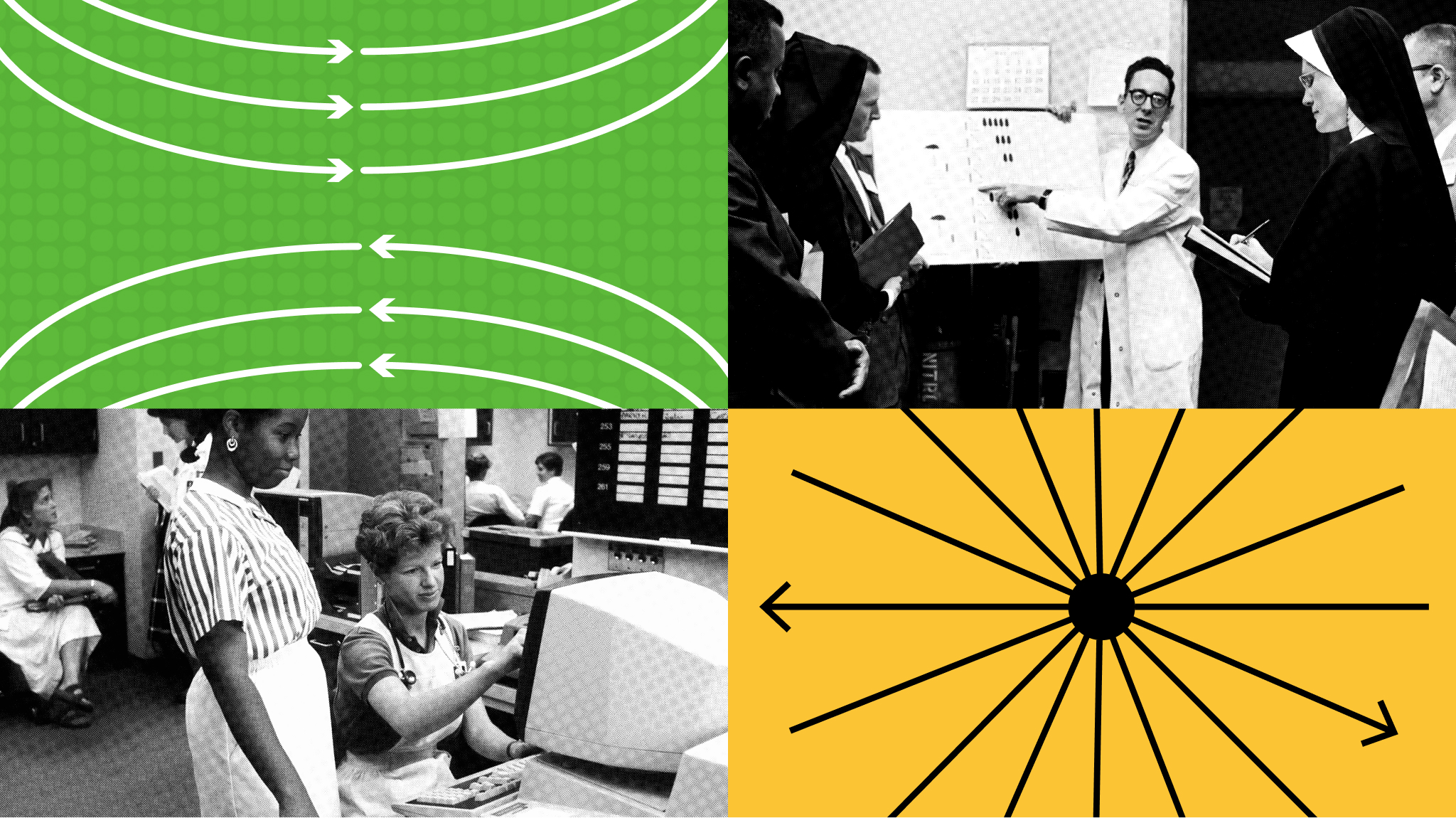 A collage of images: Top left shows green arrows; top right depicts a lecture; bottom left shows people using computers; bottom right features yellow arrows converging towards a central black circle.