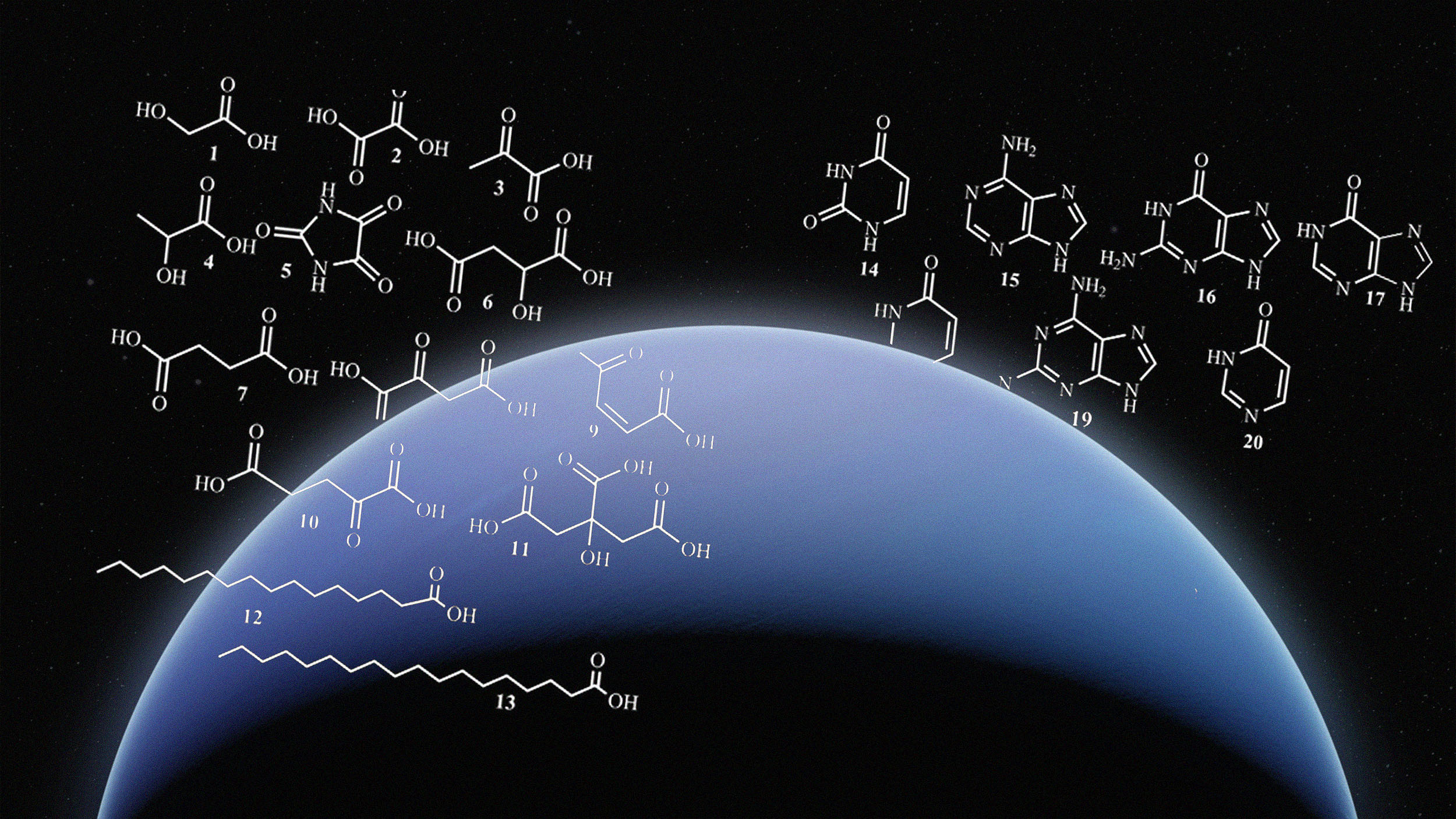 Chemical structures over an image of a planet with a dark background, resembling a scientific illustration of molecular compounds in space exploration.