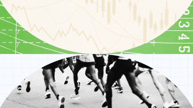 A composite image features a stock market graph in the upper half and a black-and-white photo of runners' legs pushing through the pain cave in the lower half.