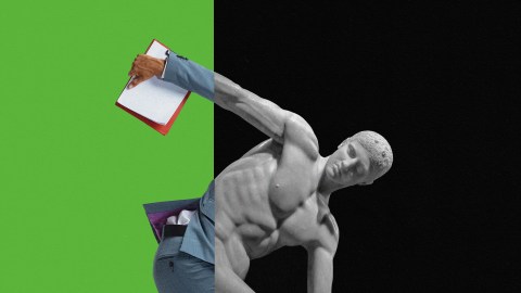 A classical statue, embodying an Olympic mindset, holds a clipboard and phone against a split green and black background.