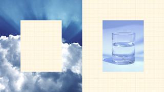 Split image: left side shows a grid over a cloud-filled sky, evoking the optimism bias of bright horizons; right side displays a glass of water on a grid-patterned background.