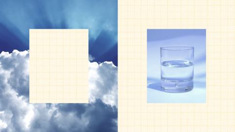 Split image: left side shows a grid over a cloud-filled sky, evoking the optimism bias of bright horizons; right side displays a glass of water on a grid-patterned background.