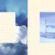 Split image: left side shows a grid over a cloud-filled sky, evoking the optimism bias of bright horizons; right side displays a glass of water on a grid-patterned background.