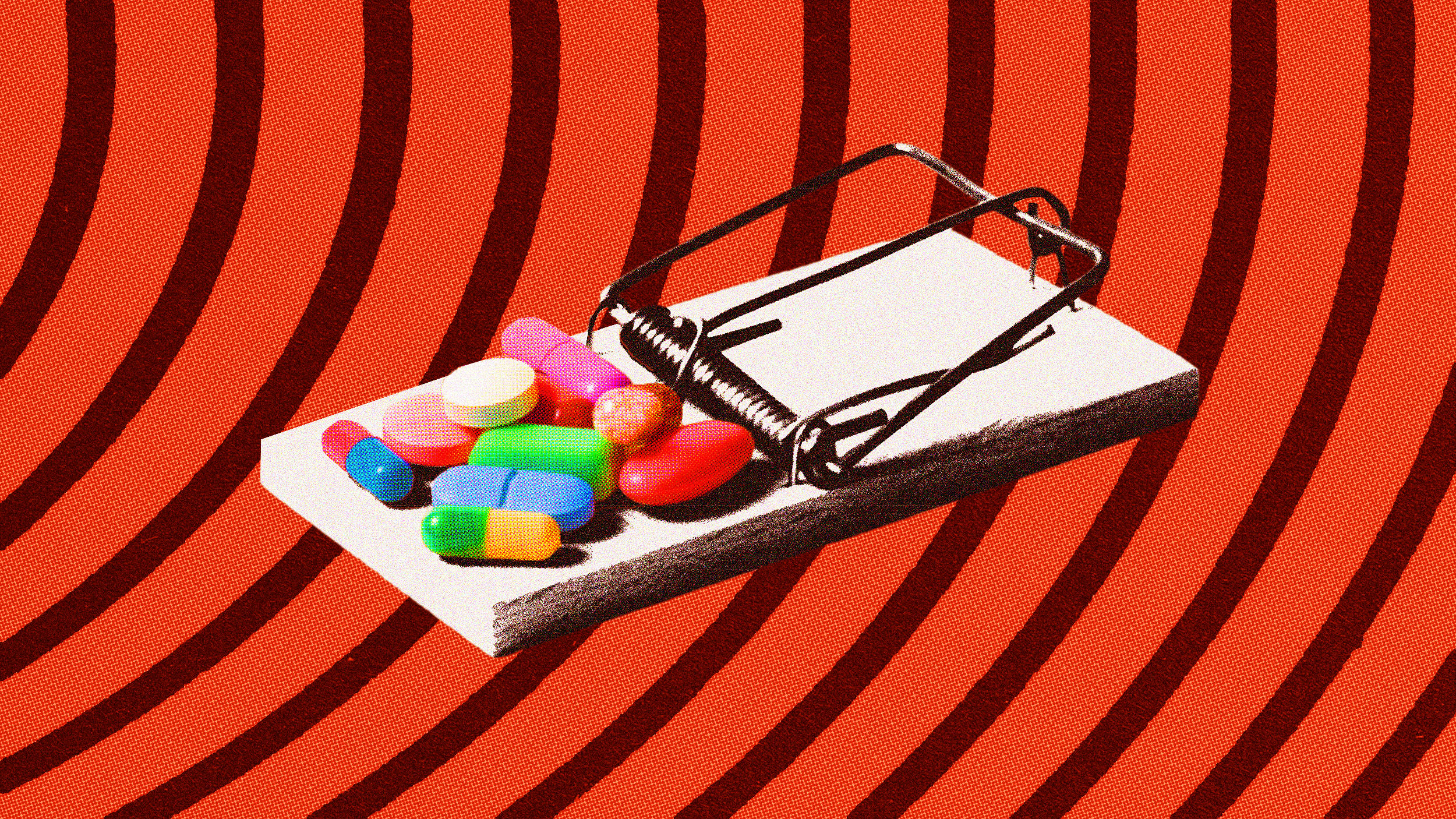 Mousetrap with assorted colorful pills on the trigger, set against a red, wavy striped background.