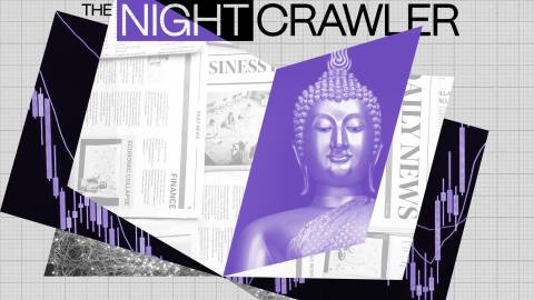 Collaged image with a Buddha statue, newspapers on finance, and text "The Nightcrawler" against a grid background. Featuring stock market graph details, it embodies the concept of mujo—impermanence—in the ever-changing financial landscape.