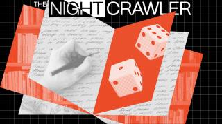 Abstract collage with red dice and handwritten text overlay, featuring a hand writing with a pen. Against a background of grid and bookshelf patterns, it captures an existential crisis. The title "The Night Crawler" hovers above, probing life's uncertainties.