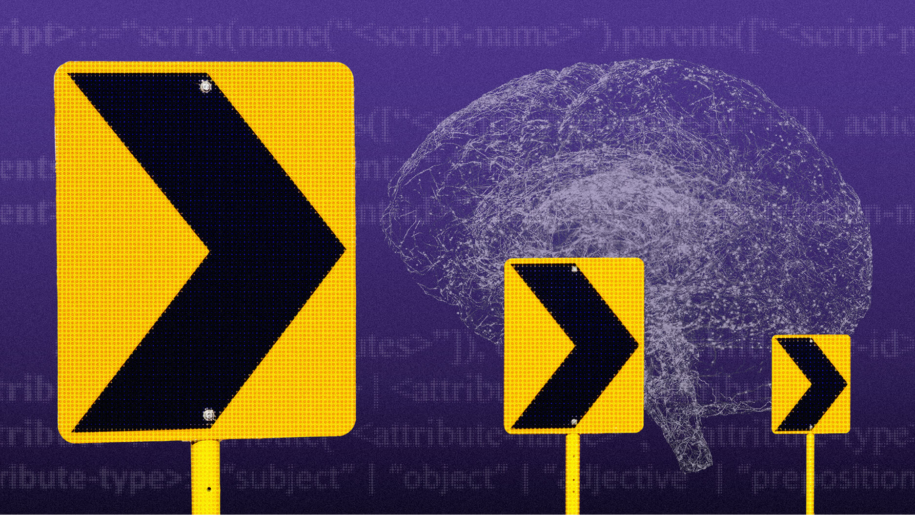 Image of three yellow road signs with black right arrows, set against a purple background featuring a faint outline of a brain.